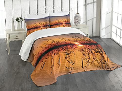 ABAKUHAUS Natur Tagesdecke Set, See-Sonnenuntergang-Foto-Szene, Set mit Kissenbezügen Weicher Stoff, für Doppelbetten 220 x 220 cm, Mehrfarbig