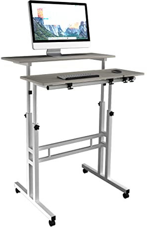 DlandHome Bureau Assis Debout Table de Lit Roulante (Roulette Verrouillable) Table Hauteur Réglable 67-115cm Bureau Informatique Multifonctionnel avec 3 Tablettes pour Ordinateur Portable, Érable