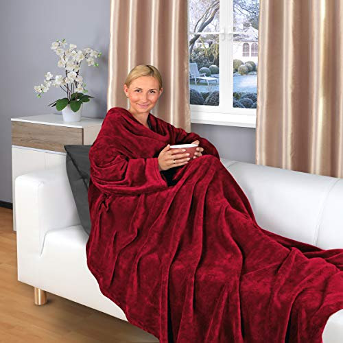 Gräfenstayn® Kuscheldecke mit Ärmeln und Fußtasche - Flauschige Decke zum anziehen - Öko-tex Standard 100 - Ärmeldecke für Damen & Herren - TV-Decke (Bordeaux, 200x170cm)