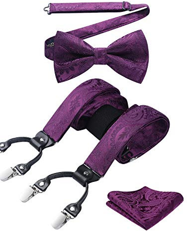 HISDERN Hosenträger für Herren Paisley Y Form und Längenverstellbar Hosenträger mit 6 starken Clips und Fliege mit Einsteckuch
