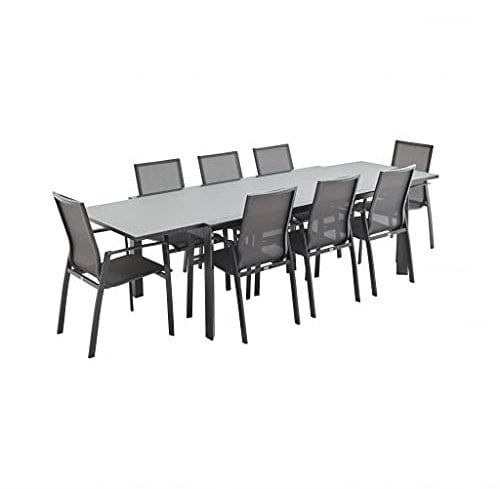 Alice's Garden - Salon de Jardin Table Extensible - Washington Gris foncé - Table en Aluminium 200/300cm. Plateau en Verre dépoli. rallonge et 8 fauteuils en textilène