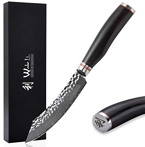 Wakoli EBO Premium Steakmesser mit 12,5 cm Klinge und Hammerschlag gefertigt aus 67 Lagen echtem Damaststahl mit schwarzer Eichenholzgriff I Damastmesser Küchenmesserset und Profi Kochmesser