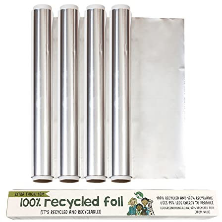 Eco Green Living Lot de 4 Rouleaux de Papier d'Aluminium Recyclé Résistant pour la Cuisine, les Grillades et l'Emballage des Aliments avec Bord Tranchant