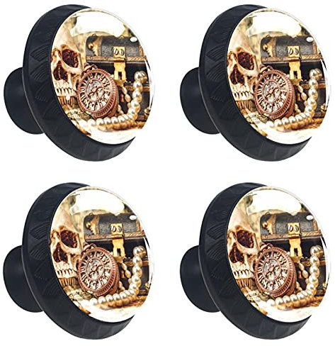 Möbelknöpfe, Vintage-Design, nautischer Totenkopf, 35 mm, rund, Kristallglas, Schubladengriffe mit Schrauben, für Küchenschrank, Kleiderschrank, Kommode, Zuhause und Büro, 4 Stück
