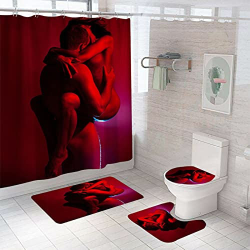 skopers 4-teiliges Duschvorhang-Set -- Stark nackte Männer Frauen mit rutschfestem Teppich, Toilettendeckelabdeckung Badematte wasserdichtem Duschvorhang für Badeduschvorhang Badezimmer 180X200 cm