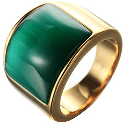 Ayoiow Herren Siegelring Edelstahl, Ring Herren Biker Goldring mit Grün Katzenauge Stein Ring Größe 57 (18.1)