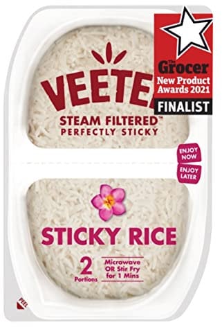 VEETEE Microwavable Sticky Rice Twin Pot, Quick Cook Cupboard Food, Low Sodium, Wheat-Free, No Artificial Colours, Flavours or Preservatives, 260 g (Pack of 6)