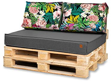 Bielik Palettenkissen 120 x 80 Set für Palettenmöbel | Wasserdicht Europaletten Sitzkissen Made in EU | Palettensofa komplett besteht aus 3 Teilen in Farbe: Dunkelgrau (Dunkelgrau+Blumen)