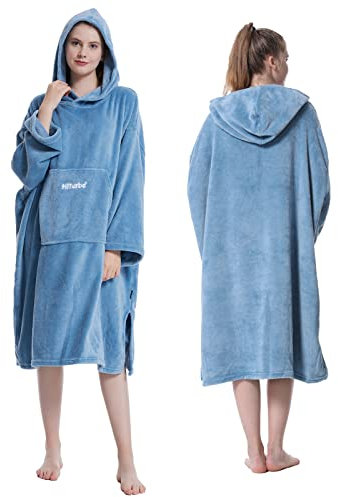 Hiturbo Bademantel, Damen Herren Robe, Unisex, Einheitsgröße, Warmer Weicher Fleece Mogenmantel mit Kaputze, für Strand, Schwimmbad, Zuhause