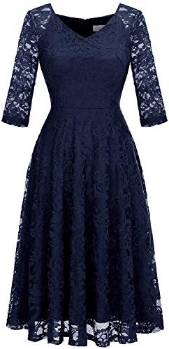 Dressystar Damen Elegant Cocktailkleid V-Ausschnitt Spitzenkleid Hochzeit Midi Brautjungfer Kleid Marineblau M