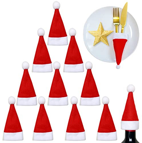 FUKPO 10 Piezas Mini Soportes para Cubiertos Navideños Mesa Vajillas Tenedores Bolsas, Sombrero de Santa Cubiertos Bolsas Gorras de Navidad para Decoración de Mesa Navidad Fiestas