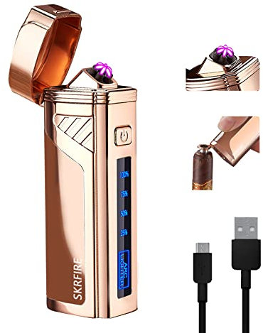SKRFIRE Accendino elettrico a triplo arco senza fiamma al plasma accendino antivento ricaricabile USB accendino da campeggio all'aperto con indicatore digitale della batteria (oro rosa)