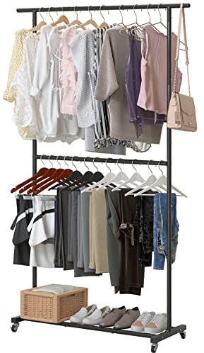 Sywhitta Double Rod Metal Clothing Garment Rack on Wheels, Black