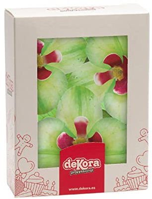dekora – Flores Comestibles para tartas, 10 orquídeas verdes de oblea 8.5 x 7.5cm, sin azúcar, sin gluten, sin lactosa, Adornos Comestibles para Tartas, Cumpleaños y Bodas