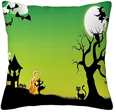 45 x 45 cm Halloween-Kissenbezug, Hexen tanzend fliegen im Oktober Horror, quadratischer Kissenbezug für Sofa, Couch, Schlafzimmer, Wohnzimmer, Wohnheim, Dekoration, Schwarz, Grün