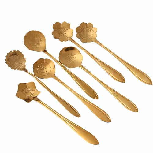 Vctitil Juego de 8 cubiertos vintage de cuchara de sopa pequeña, herramientas de barra de acero inoxidable, cuchara mezcladora dorada