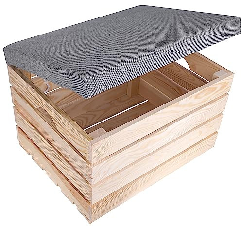 Creative Deco Upholstered Chest with Grey Seat Ottoman | 50 x 40 x 35 cm | Storage Bench Box | Unpainted Wooden Chest | Natural Wood Seat Storage Box | Pouf