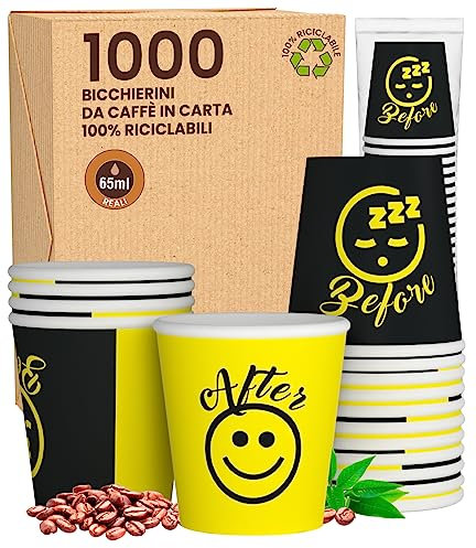 Eurocali 1000 Bicchierini in Carta per Caffè 65ml DownUpCUP Yellow - Bicchieri Ecologici Biodegradabili Monouso Piccoli da Asporto Bevande Calde