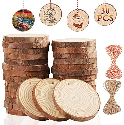 Miaikoe Natürliche Holz Scheiben 30pcs 7-8 cm Unfinished DIY Handwerk vorgebohrt mit Loch Runde Holzkreise für Kunst Rustikale Holz Scheiben Weihnachtsschmuck Dekor
