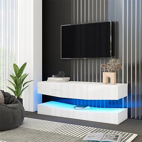 Sweiko Commode Moderne TV Board Meuble TV Suspendu Meuble TV avec éclairage LED Meuble TV Suspendu Mural Flottant Meuble TV Divertissement Média Console Centre pour Salon Maison Blanc