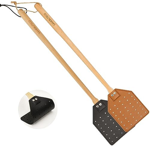 SAMEBUTECO [Heavy Duty Leder Fliegenklatsche Set] 1 Grau & 1 Schwarz inklusive, 50.0 cm Effektiver Insektenfänger mit Bank Holzgriff Fliegenklatsche Komfort Halt