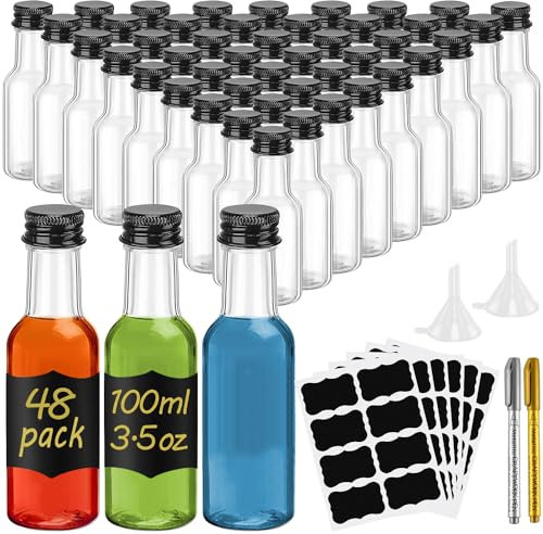 WenYa 48 Pack Mini Liquor Bottles, 100ml Empty Small Plastic Bottle with Lids (Leak Proof Black Screw Caps), Reusable Miniature Alcohol Bottles with Labels Funnel for Weddings Parties