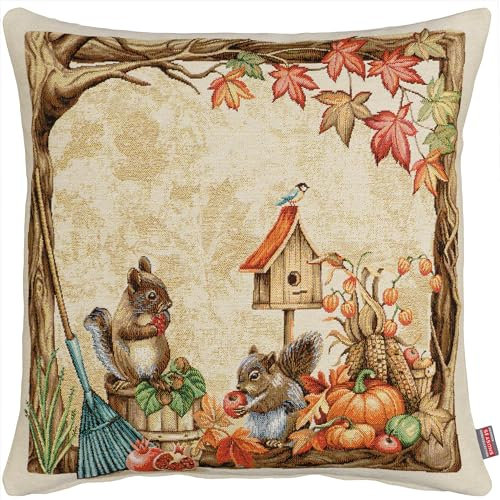 Espamira Kissenhülle Herbst 45x45 Eichhörnchen Gobelin Dekokissen Kissenbezug Kissen Bezug Quadratisch Beige Bunt Gewebt Reißverschluss