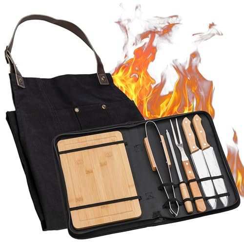 Estuche Portátil de Utensilios Barbacoa con Juego de Cuchillos de Acero Inoxidable, Pinzas, Pincho Parrilla, Delantal de Lona, Tabla de Madera para Camper, Camping y Cocina, Herramientas para Asar