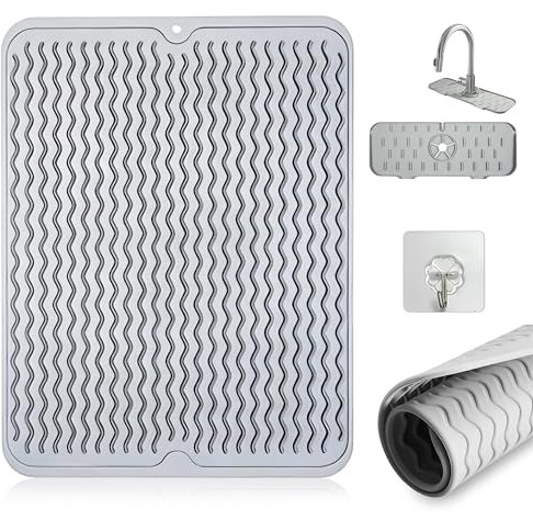 VIMAREY® (3 piezas) Alfombrilla Escurreplatos de Silicona + Alfombrilla Fregadero + Gancho Adhesivo de Regalo | Escurreplatos silicona práctico y resistente | Gris, 40x30 cm