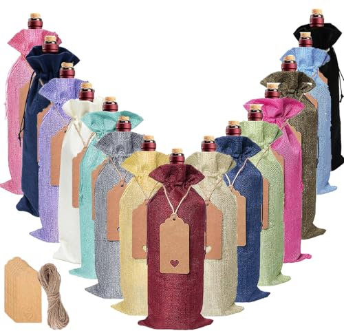 DITK-U 15 PCS Colourful Burlap Wine Bottle Bags Wine Gift Bags with Ropes and Tag Linen Reusable Wine Bottle Covers for Christmas, Wedding, Travel, Birthday, Holiday Party (15 Colors)