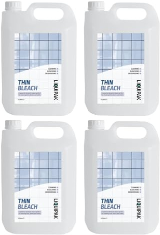 Liquipak Thin Bleach 4x5L – Household bleach bulk pack for cleaning toilets, drains, sinks & floors. Strong formula for bleaching & deodorising surfaces.