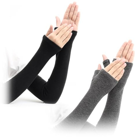 Visxcnu 2 Paar Lange Armstulpen, Lang Schwarz Fingerlos Handschuhe Armstulpen Ellenbogenlange Winter Thermo Dehnbar Strickhandschuhe mit Daumenloch für Damen(schwarz + grau)