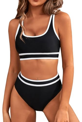 Yeenily Damen Badeanzug Zweiteiler Sport Bikini Set Sexy High Waist Bademode Triangel Bustier Push Up Strand Tankini Bauchweg Brazilian Swimsuit (Schwarz, S)