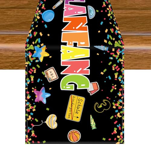 Aitsite Schulanfang Tischläufer - Einschulung Deko, Schwarz, Leinen, Modern, 40 x 180 cm