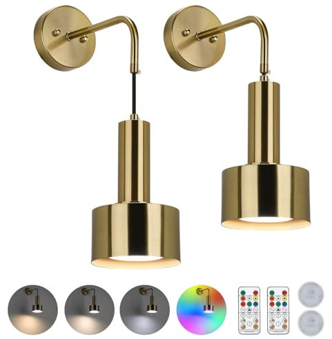 Lightsjoy Battery Operated Wall Sconces Set of 2 Rechargeable 3 Color Temperature 19 Colors RGB Dimmable Lamp Wireless Wall Lights Indoor with Charging Bulbs and Remote Light for Bedroom, Gold