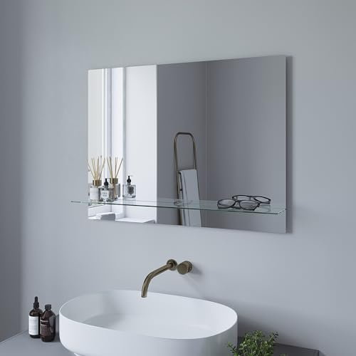 AQUABATOS Badspiegel mit Ablage ohne Licht Beleuchtung 80 x 60 cm Wandspiegel Badezimmer Spiegel ohne Rahmen Badezimmerspiegel Hängespiegel Rechteckig Glasregal Glasablage