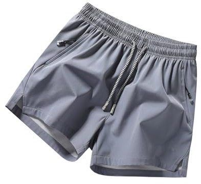 Herren Shorts Sport Männliche Frühlings- Sommer-Volltonfarben-Shorts Ice Sense Reißverschlusstaschen-Schlitzhose Große Krawattenseil-Fünf-Punkt-Hose Männer Shorts Dünne (Grey, M)