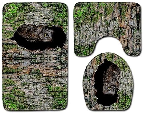 Bad Teppiche Set 3-Teiliges Eule Braunbaum WC Vorleger Mit Ausschnitt Badematte Saugfähig WC Deckelbezug Badvorleger rutschfest Waschbar Toilettensitzbezug Badgarnitur (50x80cm)