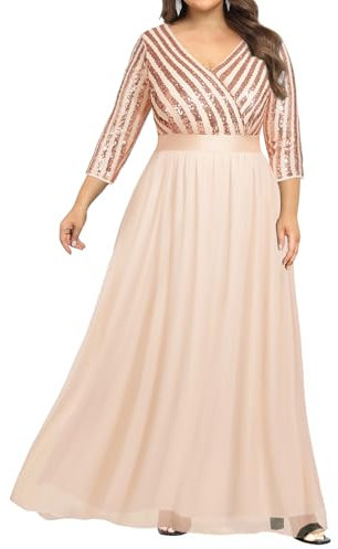 Talisea Womens Plus Size Formal Dresses - V Neck 3/4 Sleeve Sequin Prom Evening Gowns Long Maxi Dress, Rose Gold, 18 Plus