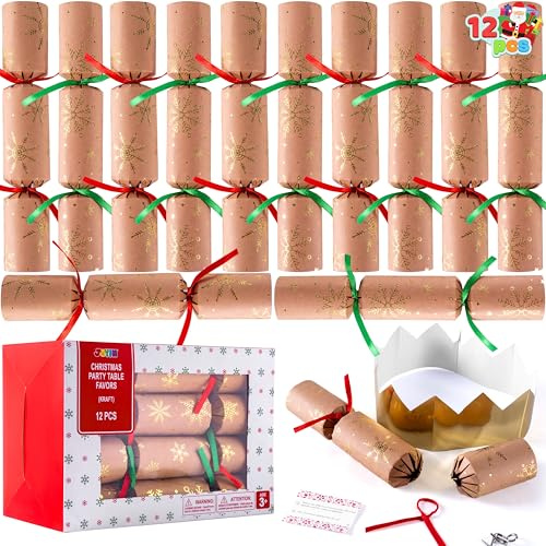 JOYIN 12 Stück Knallbonbons Weihnachten(25,4 cm) e ohne Druckknopf Party-Tischgeschenk aus Kraftpapier mit Schneeflocken, inklusive Partyhut Witzen und Geschenken Weihnachtsgeschenkpreise