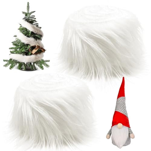Kunstfell Band Kunstpelz Fellstoff, 2 Stück 150cm Furry Faux Craft Plüschstoff Kunstleder,Dekoband Plüsch Trim Stoffrolle,Kunstleder Plüsch Weiß Pelz Fell Fluffy Stoff, Dwarf DIY Dekoration Weihnachts