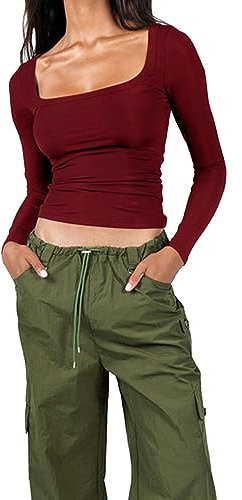 Litthing Women Basic Long Sleeve Tops Square Neck Slim Fit T Shirt for Women Solid Color High Elasticity Y2K Crop Top Sexy Tight Low Cut Ladies Going Out Tops Claret