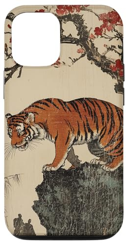 Vintage Japanese Tiger with Cherry Blossoms Tree Woodblock Case for iPhone 12/12 Pro