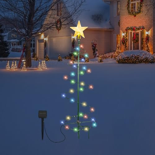 Decoration Noel Exterieur Solaire, Afenau 60cm Sapin de Noel Artificiel Solaire, Sapin de Noel Lumineuse, Résistant aux Intempéries Deco Noel Exterieur Solaire pour Noël Décoration de Jardin, Colorées