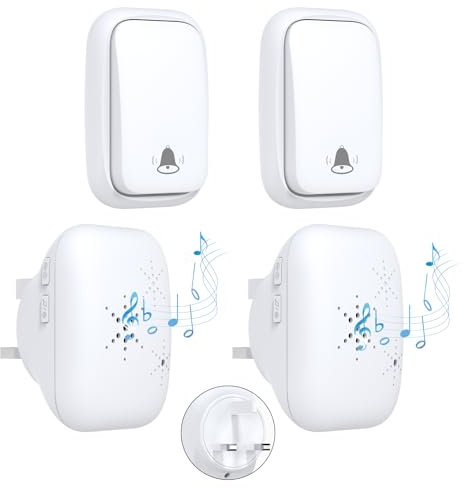 Cerhot UK Plug Self Powered Wireless Doorbell No Battery 150M Distance 38 Songs Door Bell Button Outdoor Doorbell Wireless Waterproof for Home School Office (UK 2V2 White B)