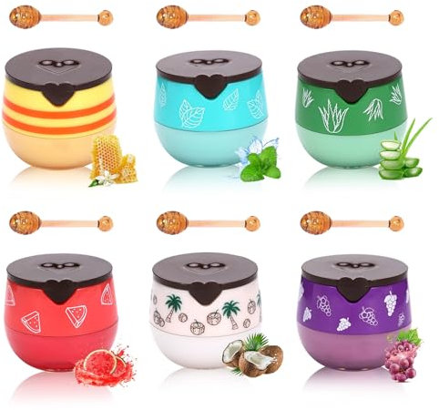 DOOCECIY 6 PCS Honey Lip Bee Balm Set, Moisturizer Fruit Honey Lip Balm for Dry Chapped Peeling Lips