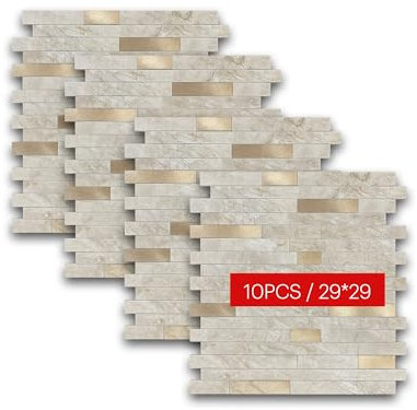 Selbstklebende Mosaikfliesen Hexagon 29x29cm – 10 Stück – PVC Aluminium Fliesenaufkleber – Küchenrückwand Wandfliesen Bad Küche – Wasserdicht, Modern, 3D Optik (Stein - Silber - Kupfer)