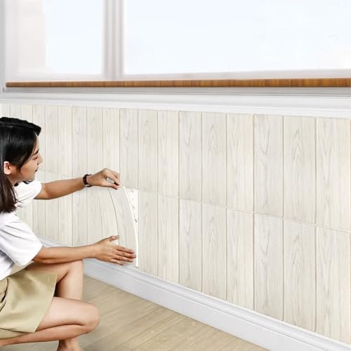 Tarwanear 30PCS White Oak Wooden Panel Peel and Stick 3D Wall Panels 35×35cm Self Adhesive Wall Tile Stickers Waterproof Removable Home Decor for Kitchen Bathroom Ceiling