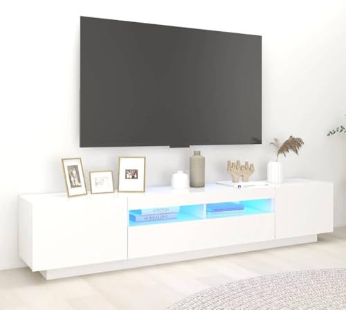 Tomostar Meuble TV avec LED, Banc TV Support Télé Armoire de Télévision avec lumières LED Blanc 200x35x40 cm