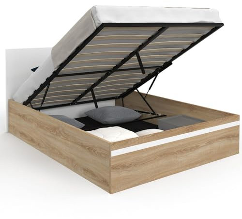 IDMarket - Lit Coffre Double Seaside avec tête de lit et sommier 140 x 190 cm façon hêtre et Blanc